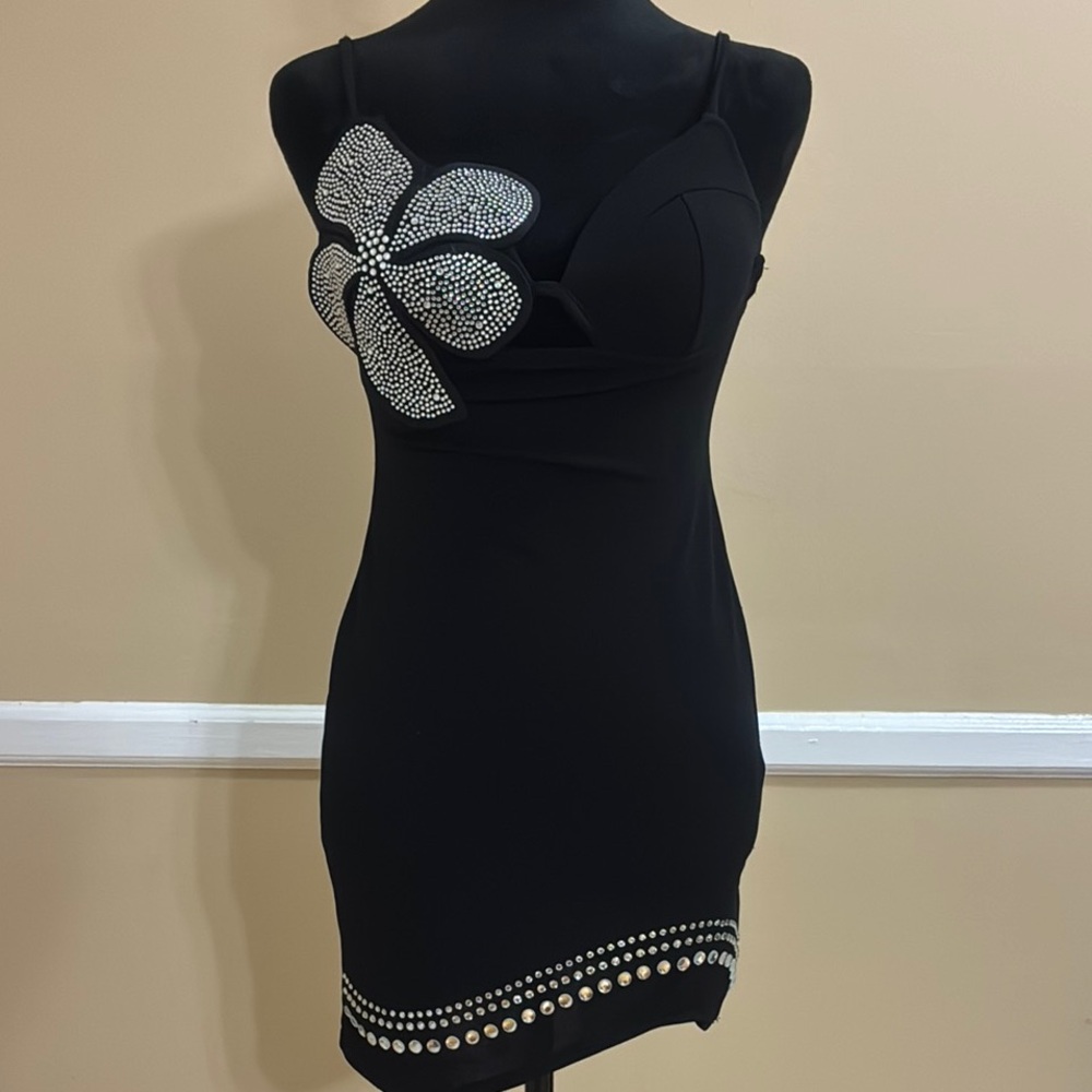 SHEIN Black and Silver Asymmetrical Embellished Mini Dress